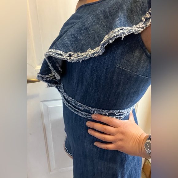 ALEXIS Denim Romper One Shoulder Asymmetrical Ruffle Jean Short JumpSuit BLAKELY - Picture 12 of 15